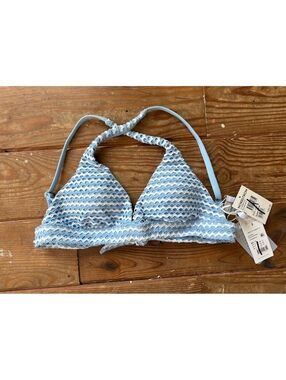 Seafolly Mesh Effect Longline Triangle Bikini Top Powder Blue White NWT US 6